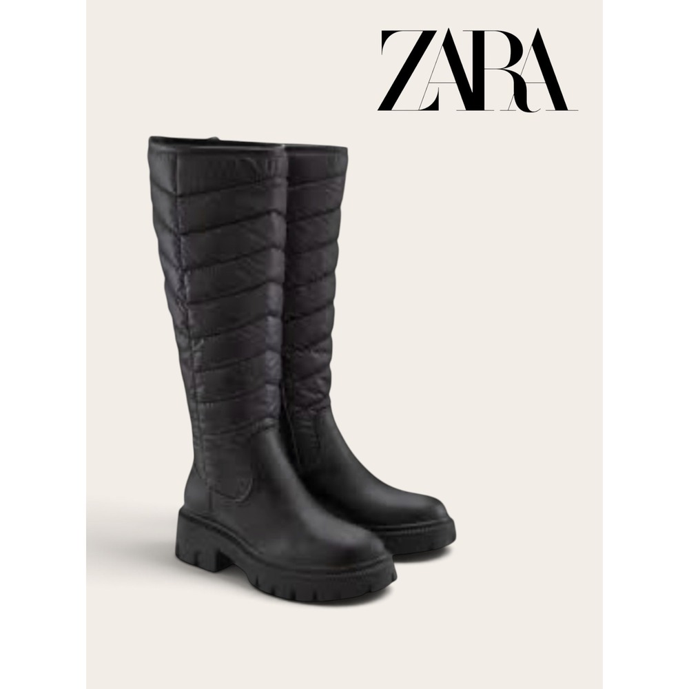 Zara Boots | Zara Tall Black Quilted Chevron Boots, Lug Sole 40 EU / 39 US